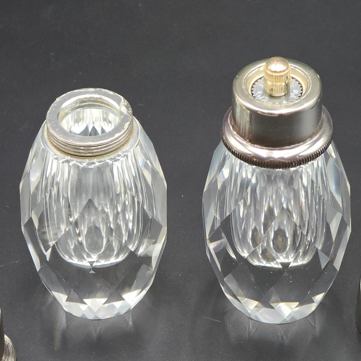 Vintage Post House Art Deco Crystal Salt and Pepper Grinder w/Silver-Plated Tops