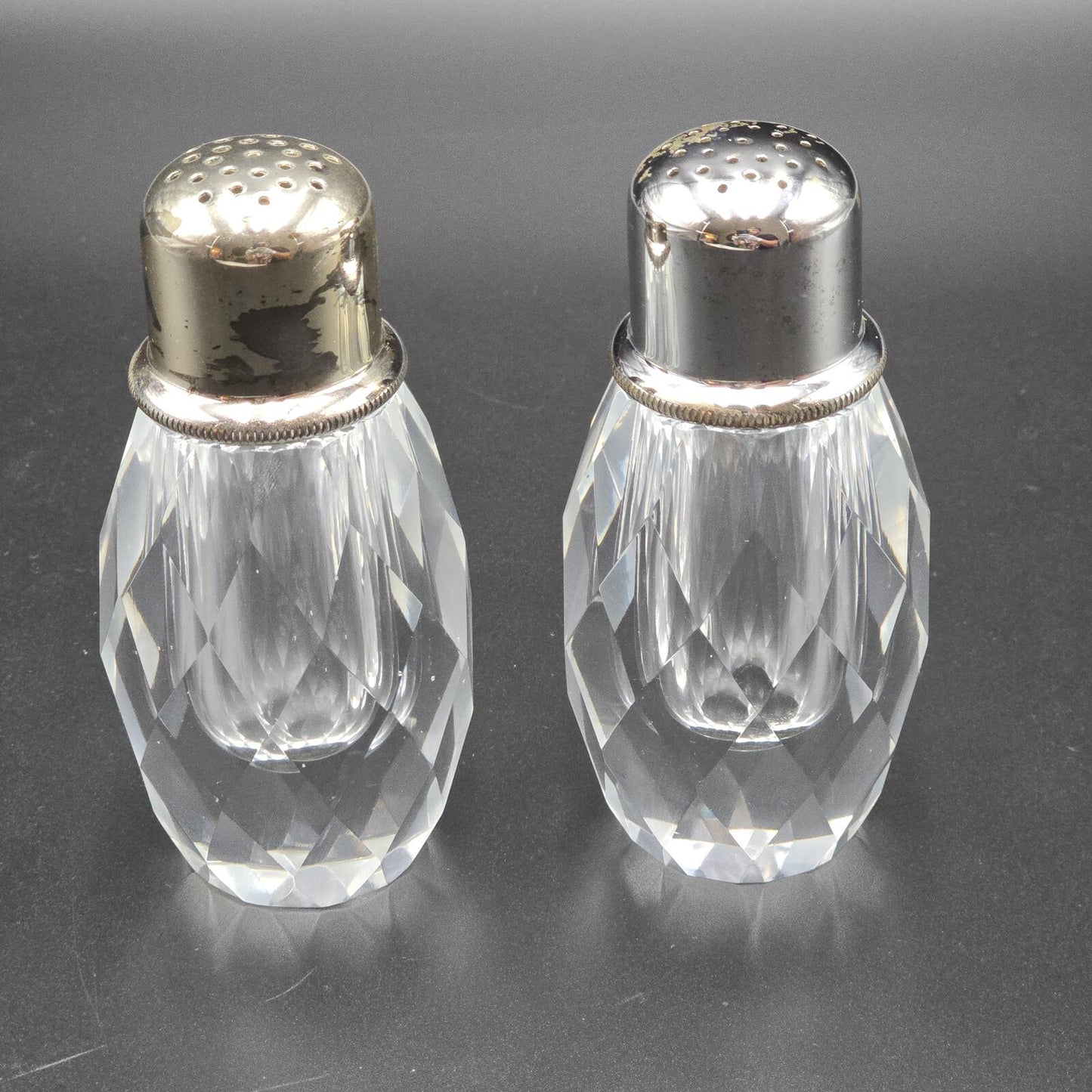 Vintage Post House Art Deco Crystal Salt and Pepper Shakers w/Silver-Plated Tops