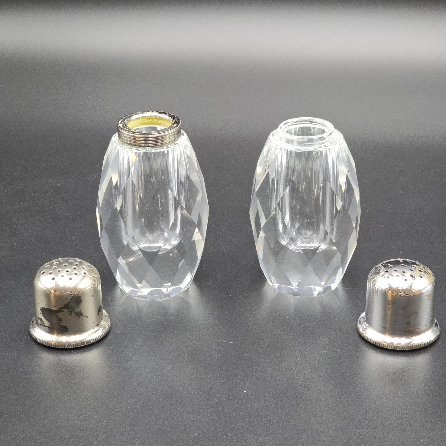 Vintage Post House Art Deco Crystal Salt and Pepper Shakers w/Silver-Plated Tops