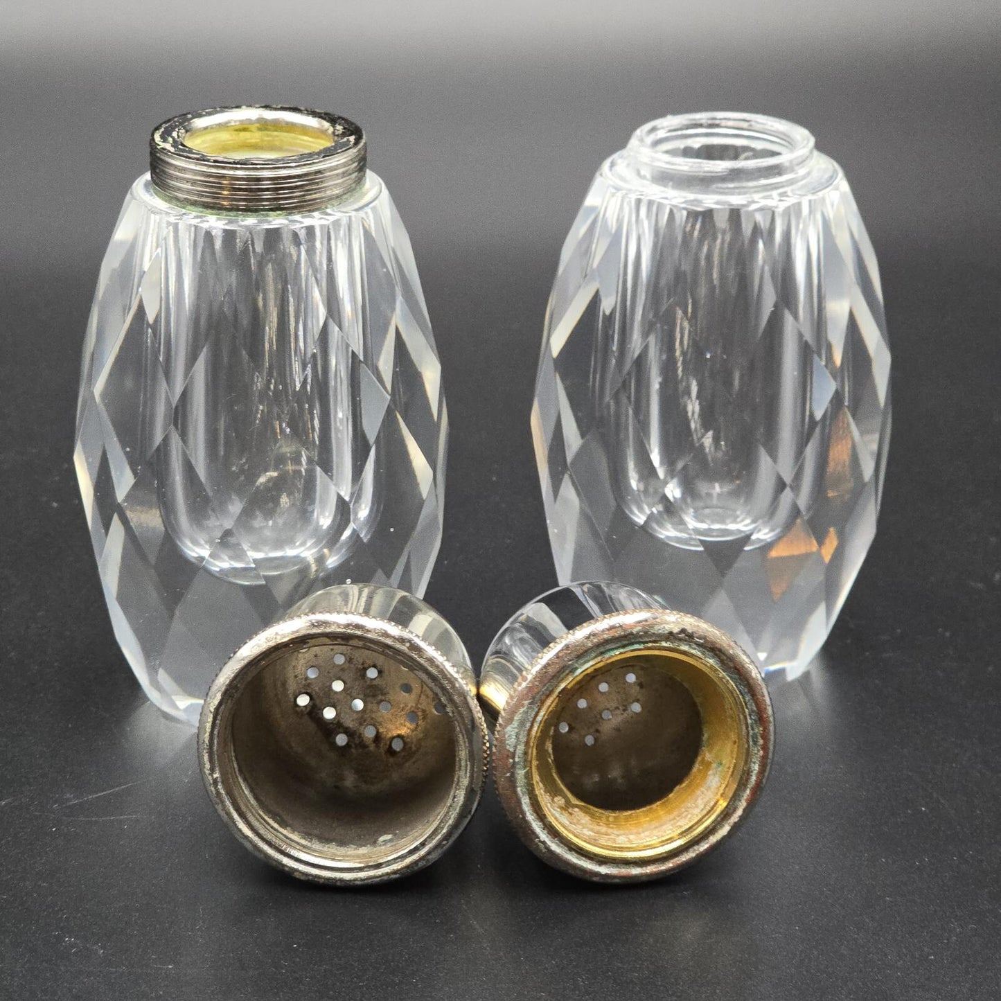 Vintage Post House Art Deco Crystal Salt and Pepper Shakers w/Silver-Plated Tops