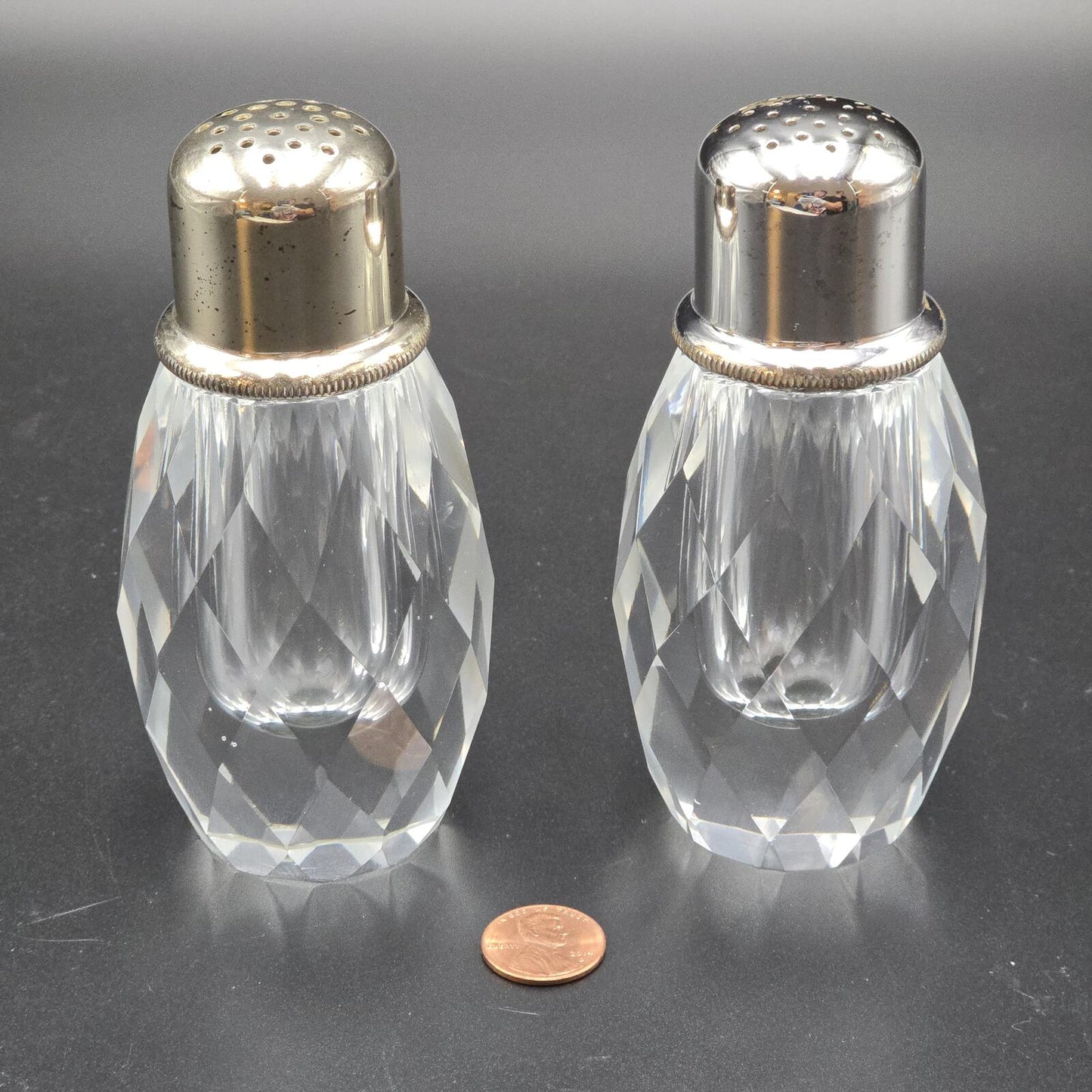 Vintage Post House Art Deco Crystal Salt and Pepper Shakers w/Silver-Plated Tops