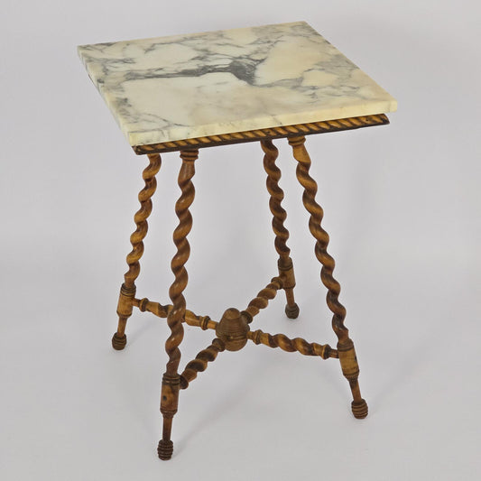 Antique Wood Side Table with Marble Top and Barley Twist Legs