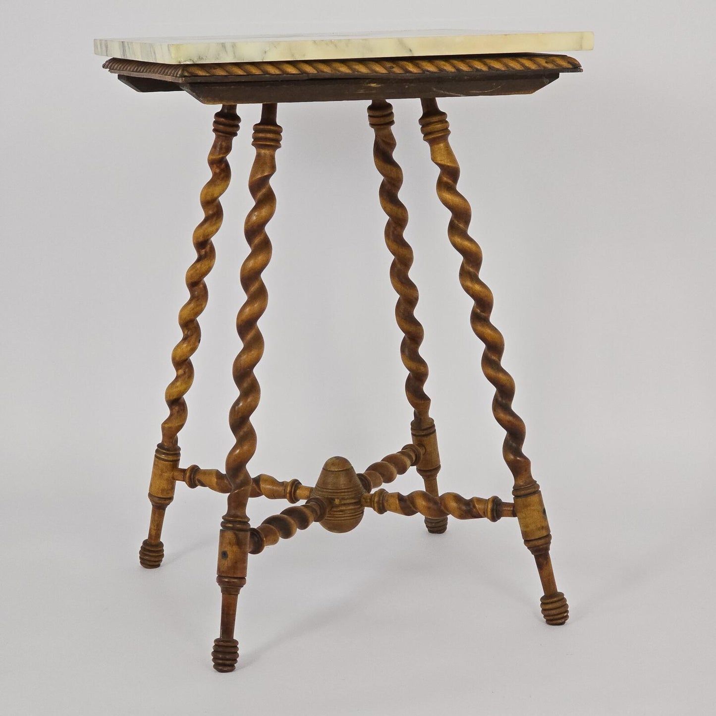 Antique Wood Side Table with Marble Top and Barley Twist Legs