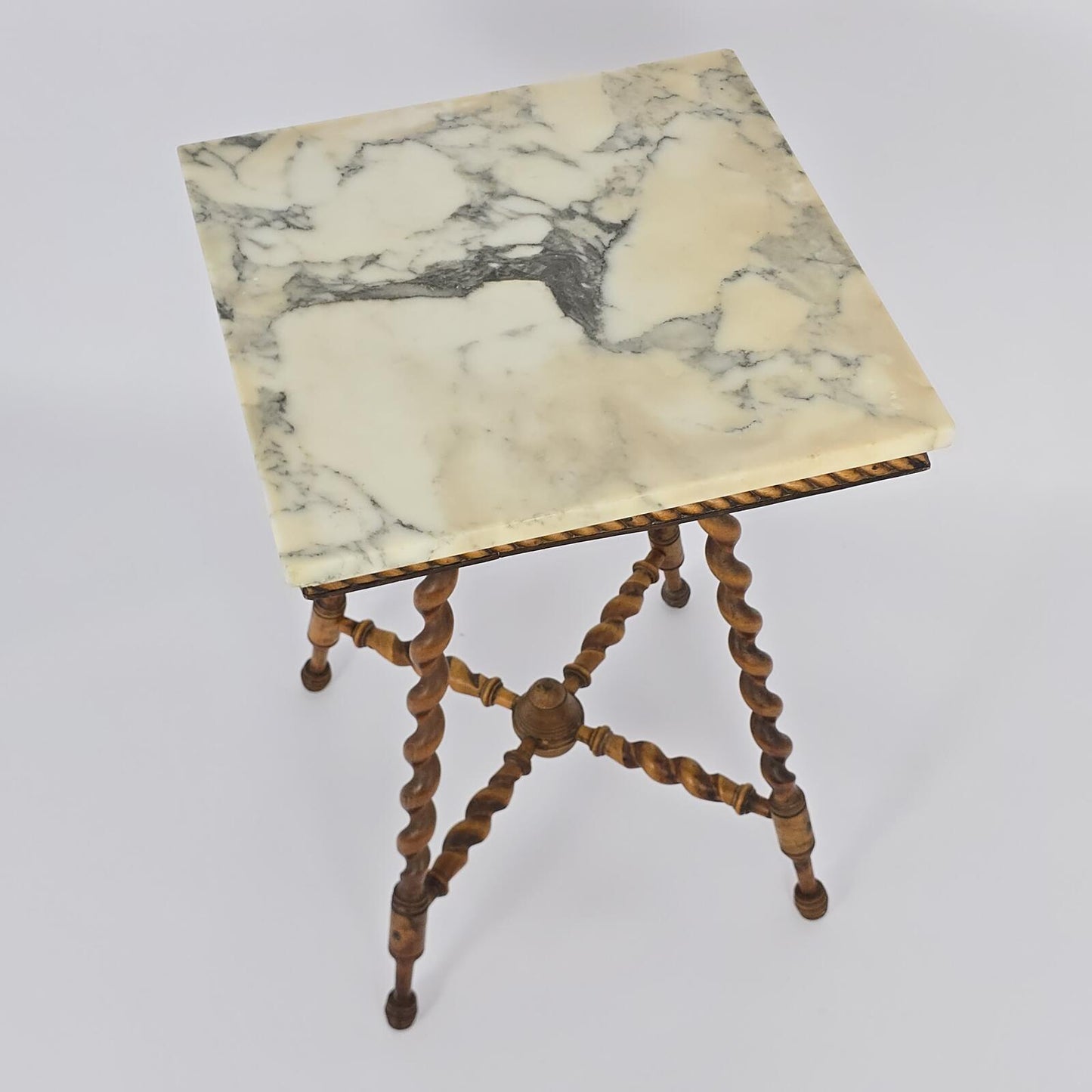 Antique Wood Side Table with Marble Top and Barley Twist Legs