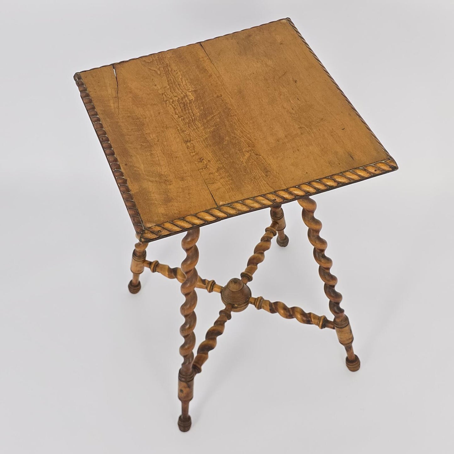 Antique Wood Side Table with Marble Top and Barley Twist Legs