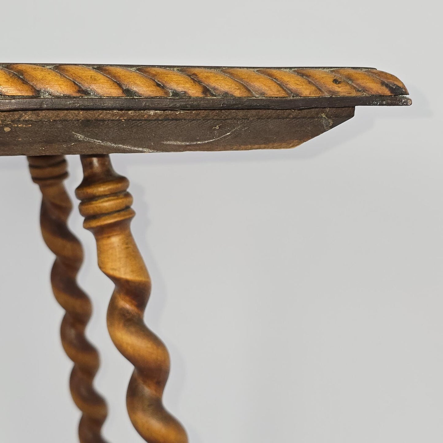 Antique Wood Side Table with Marble Top and Barley Twist Legs