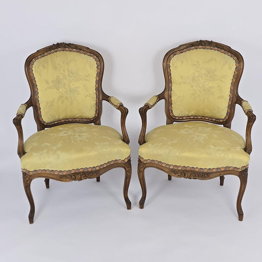 French Louis XV Style Carved Fauteuil Arm Chairs