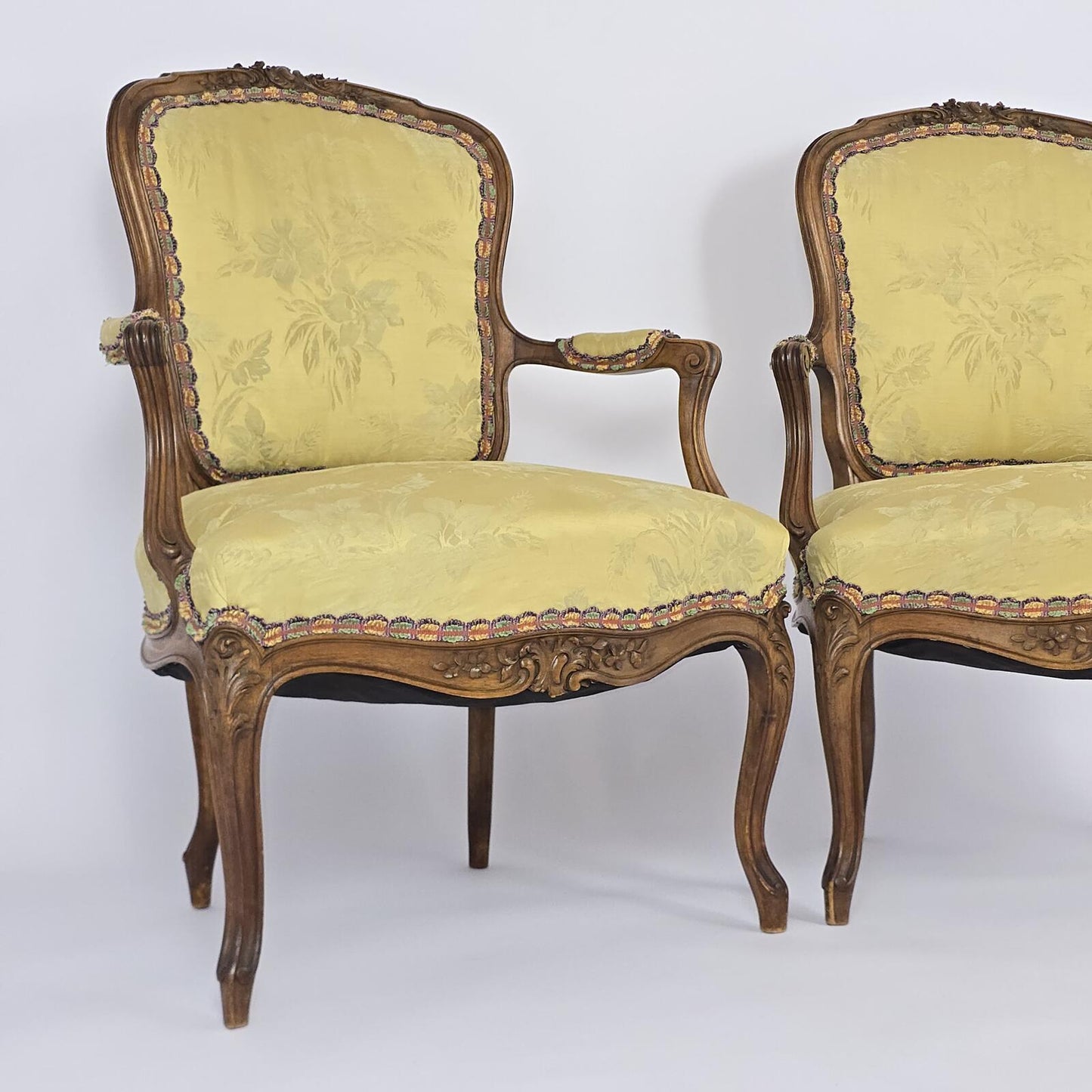 French Louis XV Style Carved Fauteuil Arm Chairs