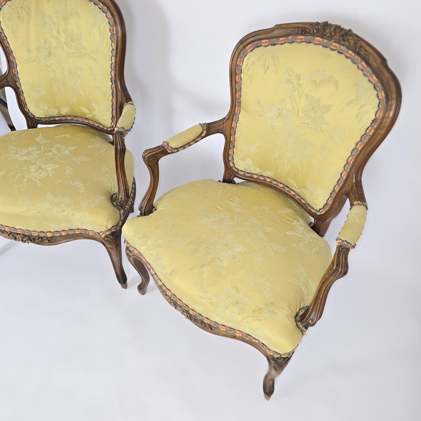 French Louis XV Style Carved Fauteuil Arm Chairs