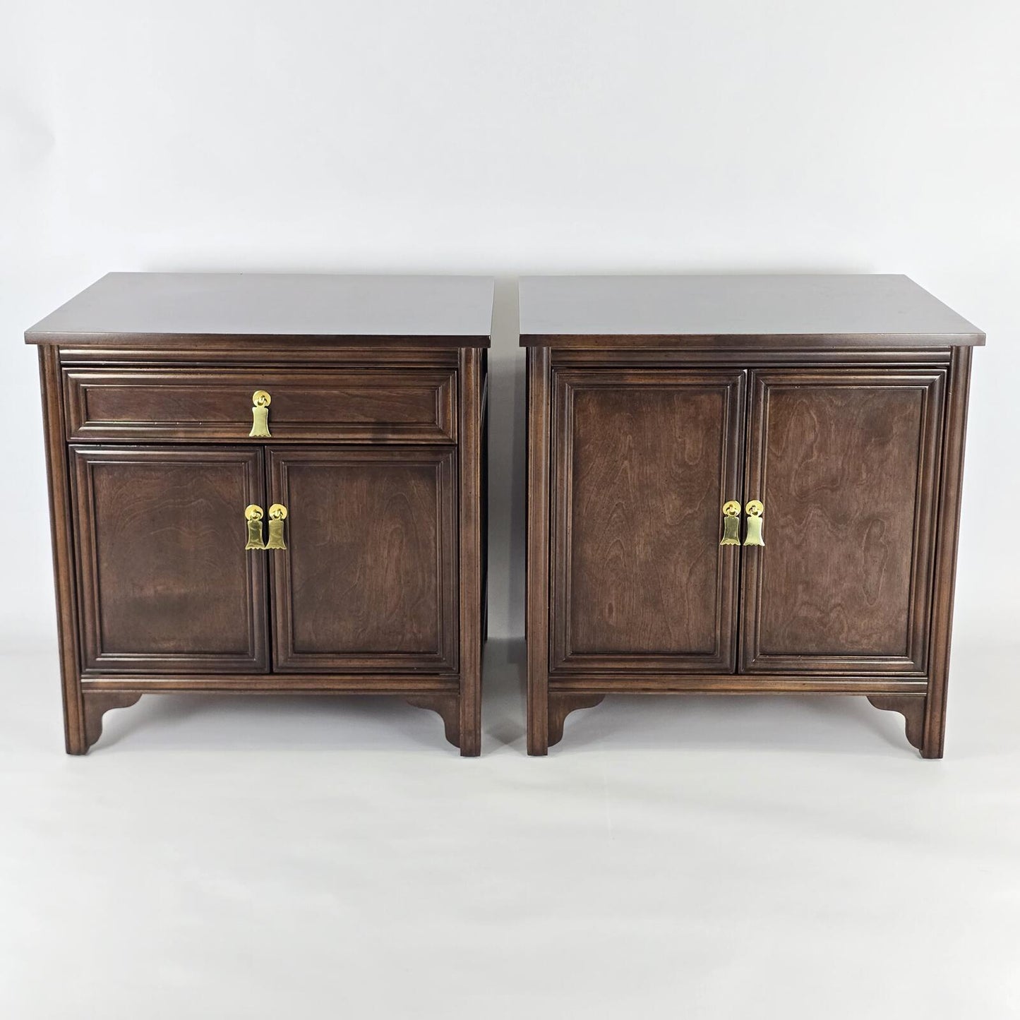 Solid Dark Wood Nightstands with Polished Brass Pendant Pulls