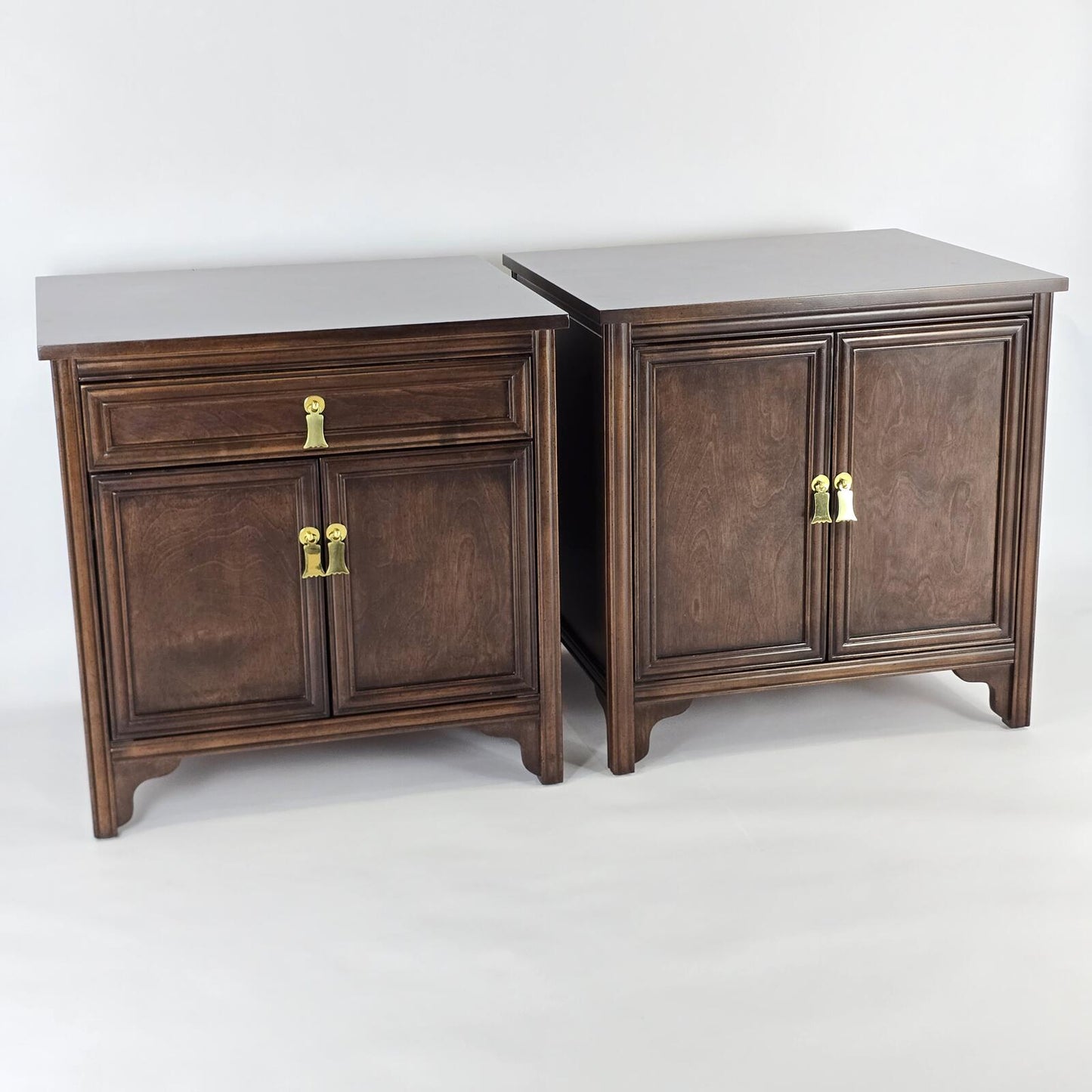 Solid Dark Wood Nightstands with Polished Brass Pendant Pulls