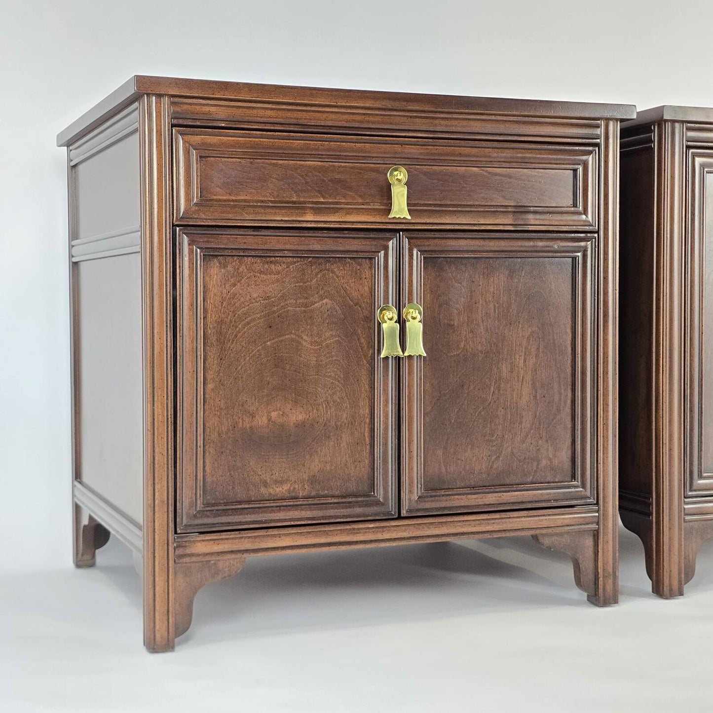 Solid Dark Wood Nightstands with Polished Brass Pendant Pulls
