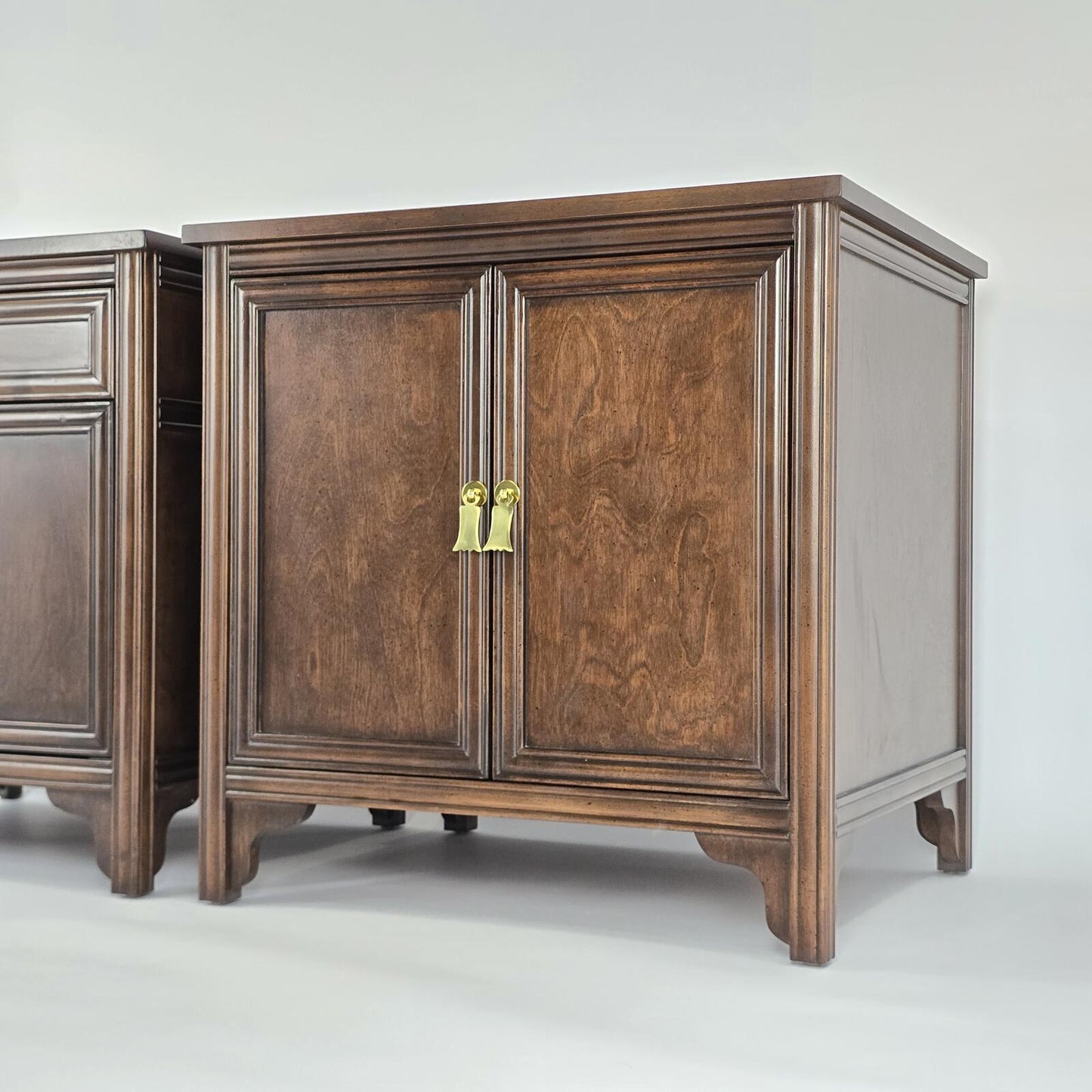 Solid Dark Wood Nightstands with Polished Brass Pendant Pulls