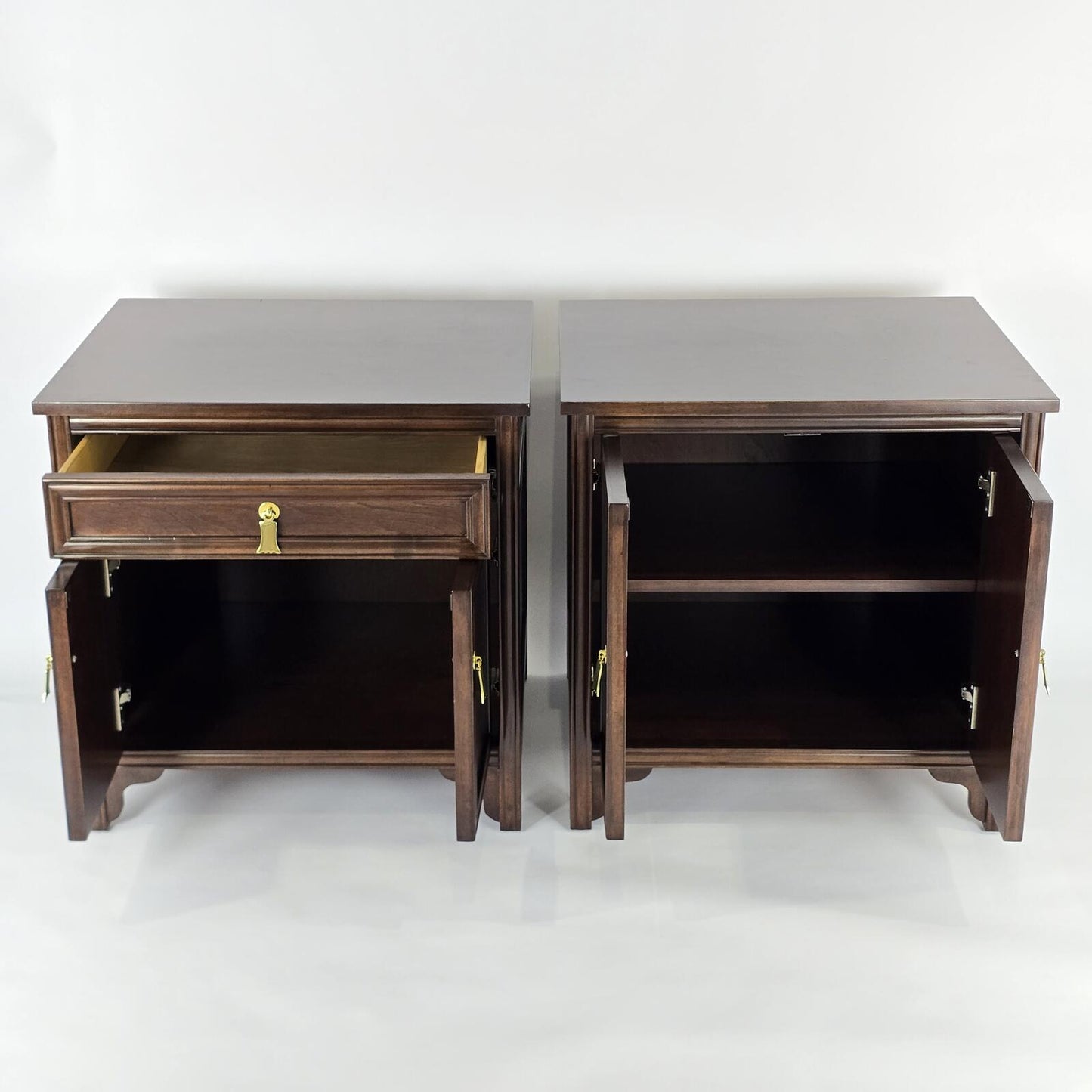 Solid Dark Wood Nightstands with Polished Brass Pendant Pulls