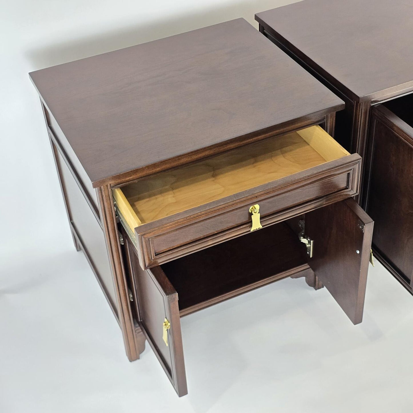 Solid Dark Wood Nightstands with Polished Brass Pendant Pulls