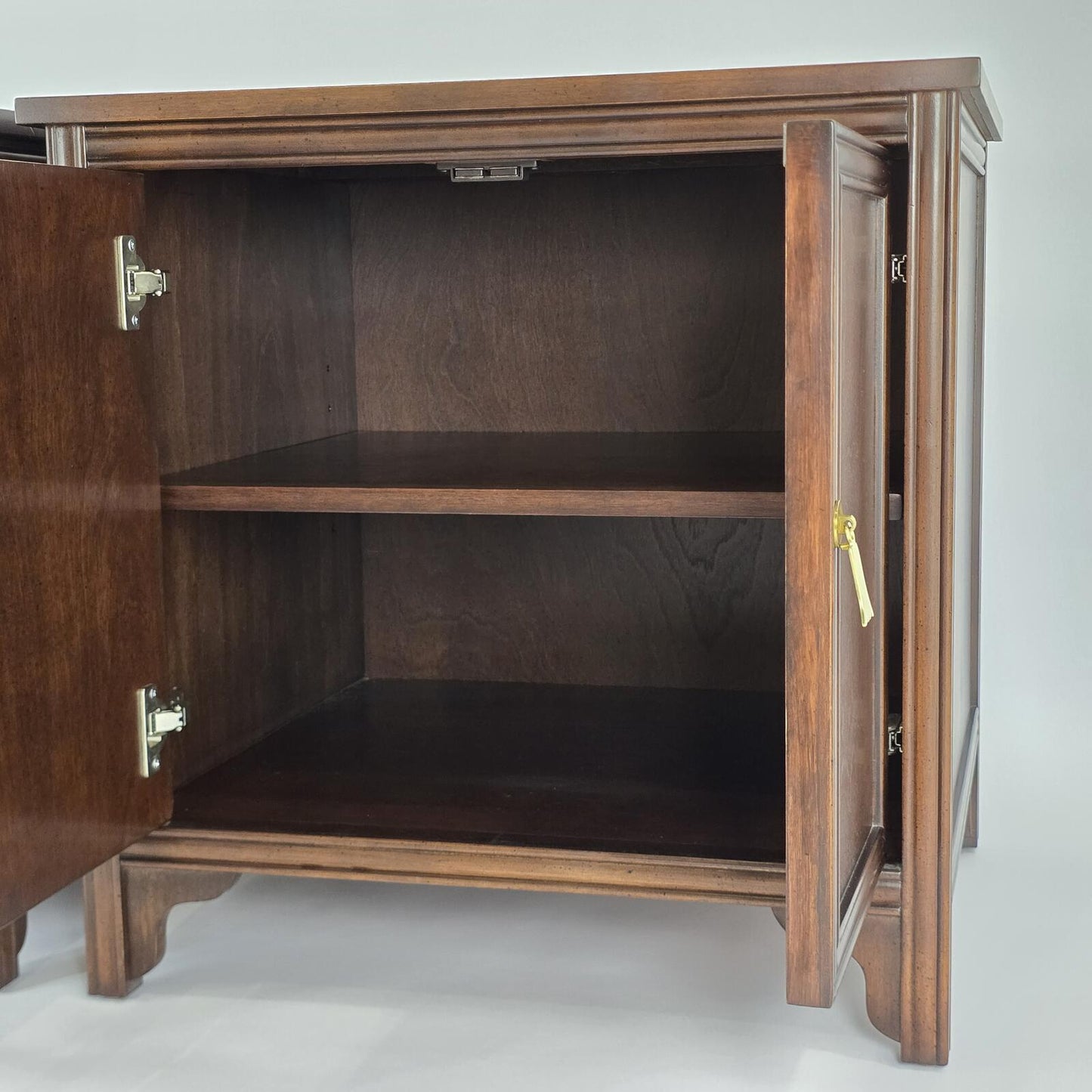 Solid Dark Wood Nightstands with Polished Brass Pendant Pulls