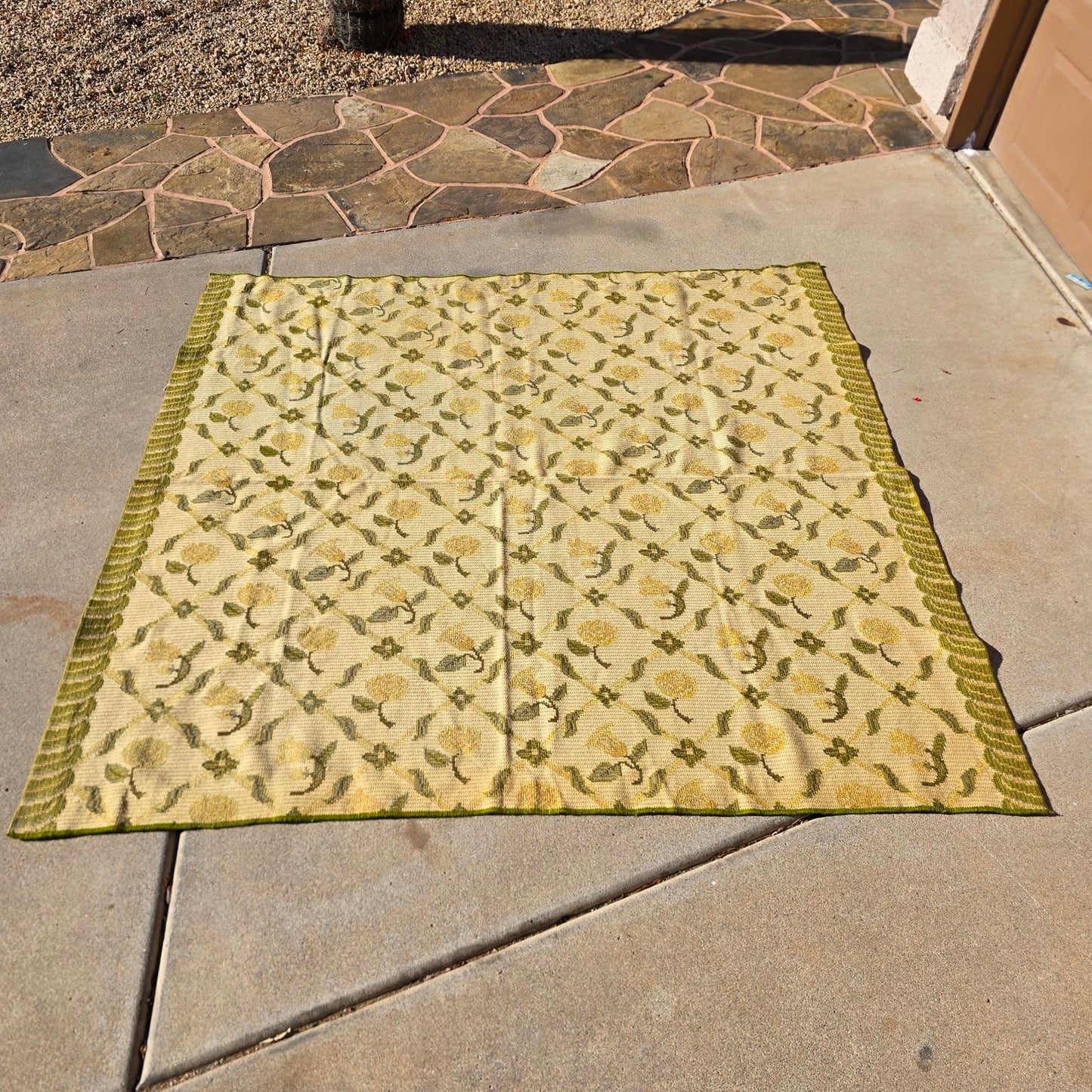 Vintage Hand-Knotted Wool Floral Needlepoint Rug -Green and Cream