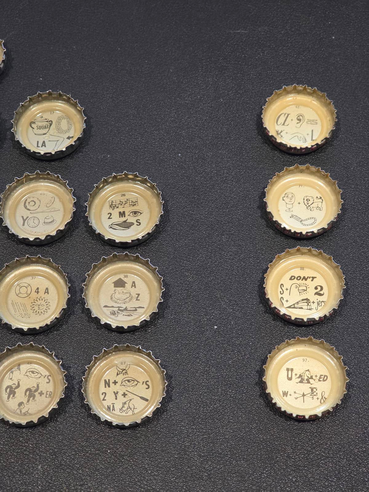 Set of 76 Lucky Lager Rebus/Puzzle Bottle Caps - Silver w/ Red Script