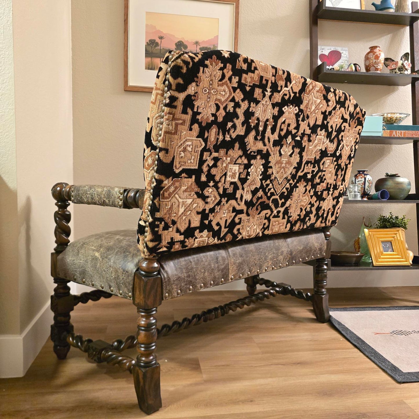 Custom Louis XIII Revival Loveseat/Bench w/ Distressed Leather