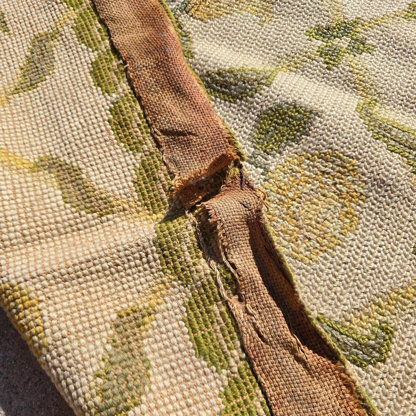 Vintage Hand-Knotted Wool Floral Needlepoint Rug -Green and Cream