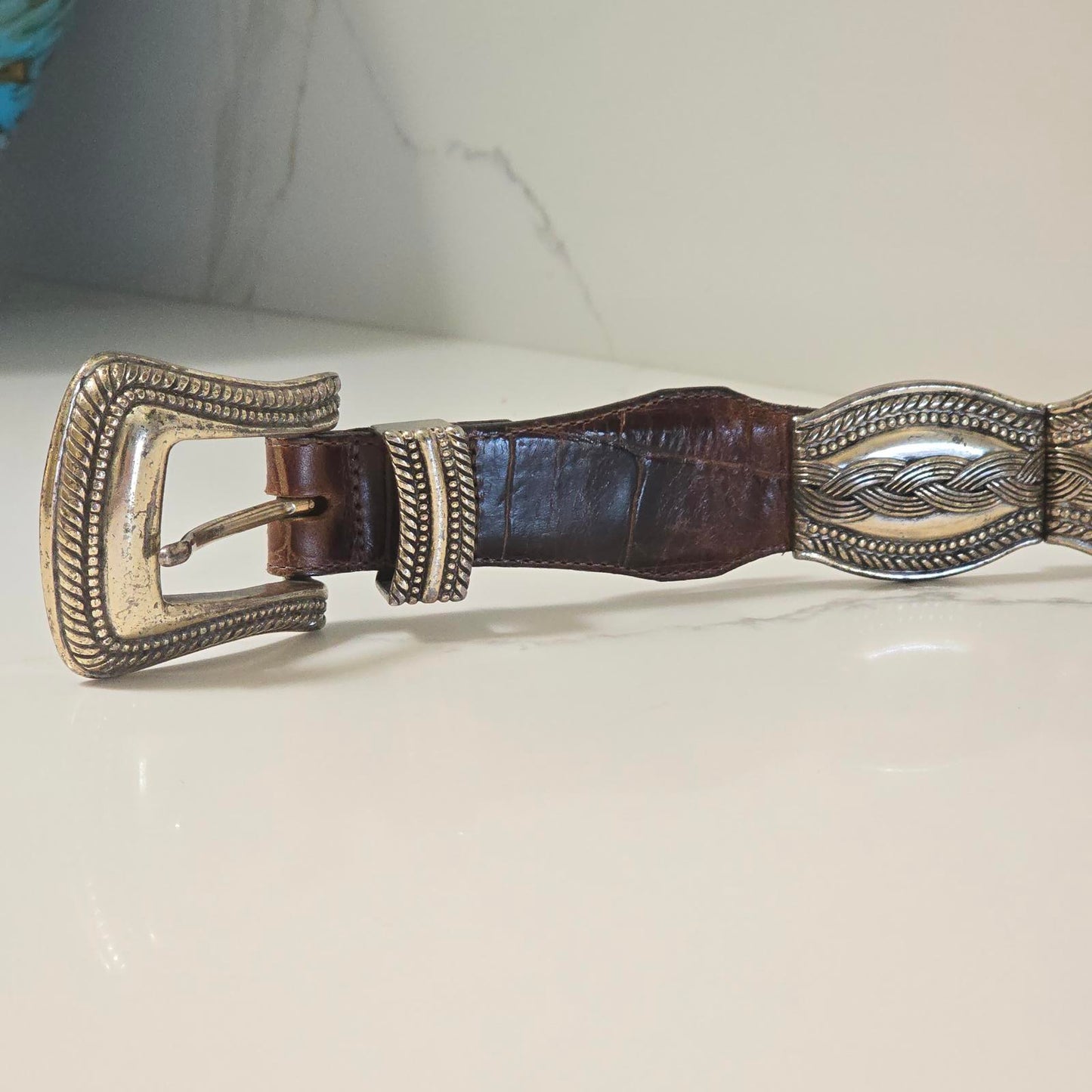 Vintage Brighton Western Silver-plated Conch and Leather Belt