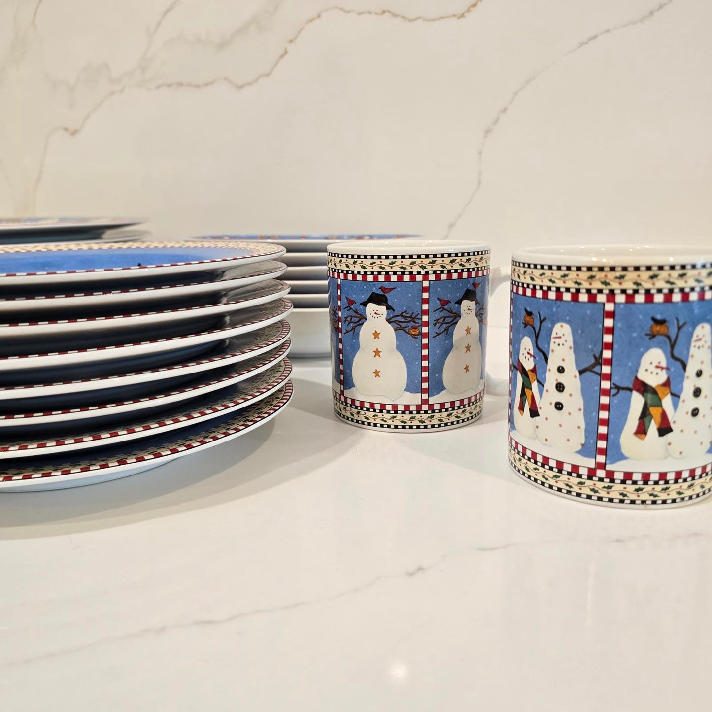 Debbie Mumm Snowman Dinnerware and Vintage Reed and Barton Snowman S & P Shakers