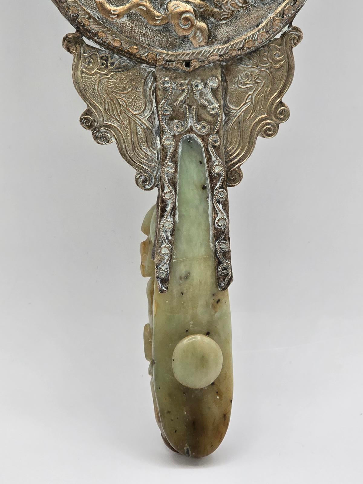 Antique Chinese Silver-plated Hand Mirror with Carved Jade Belt Hook Handle
