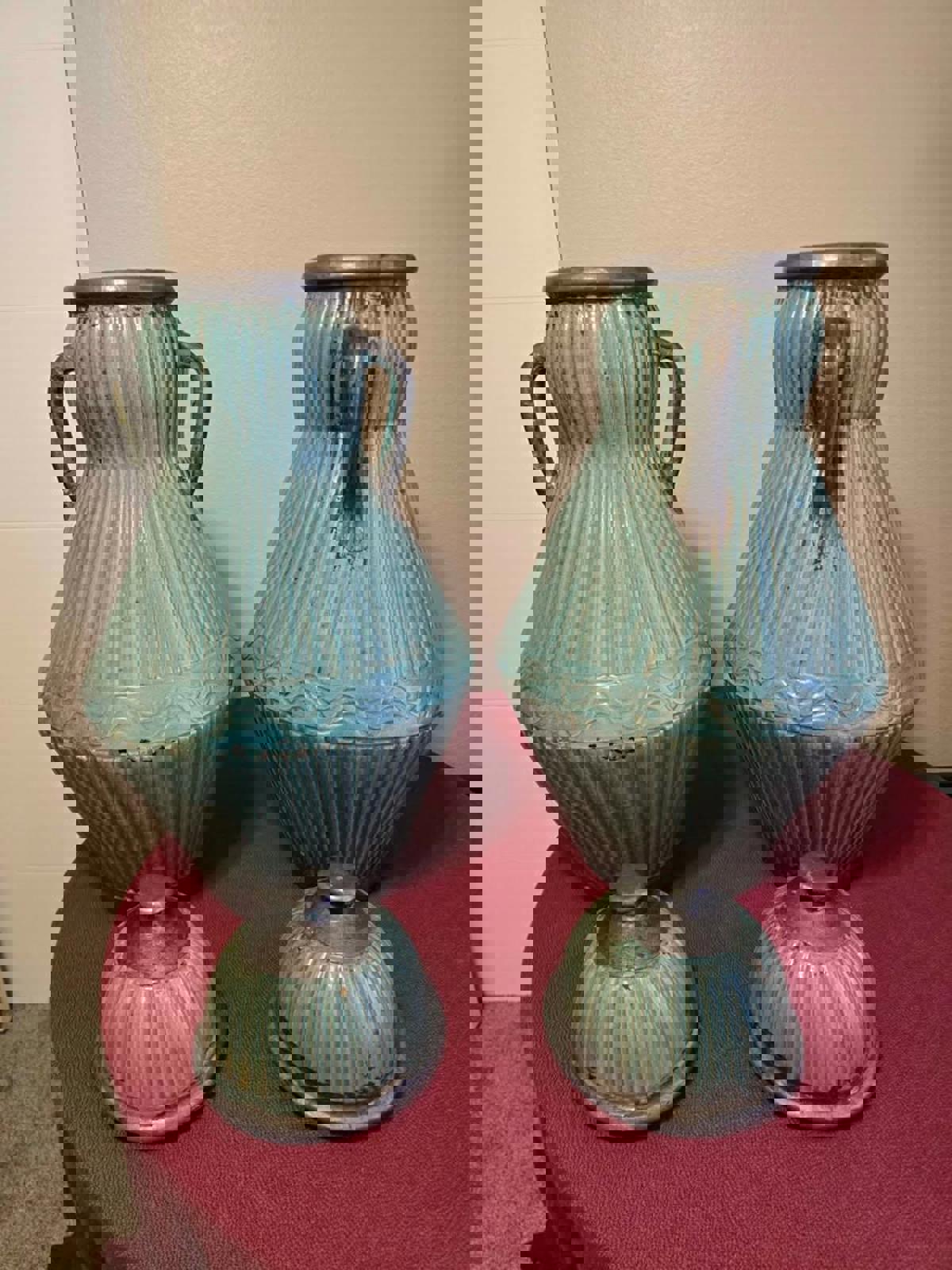 Vintage Pair of Monumental, Moroccan Floor Vases with Handles and Domed-Lids