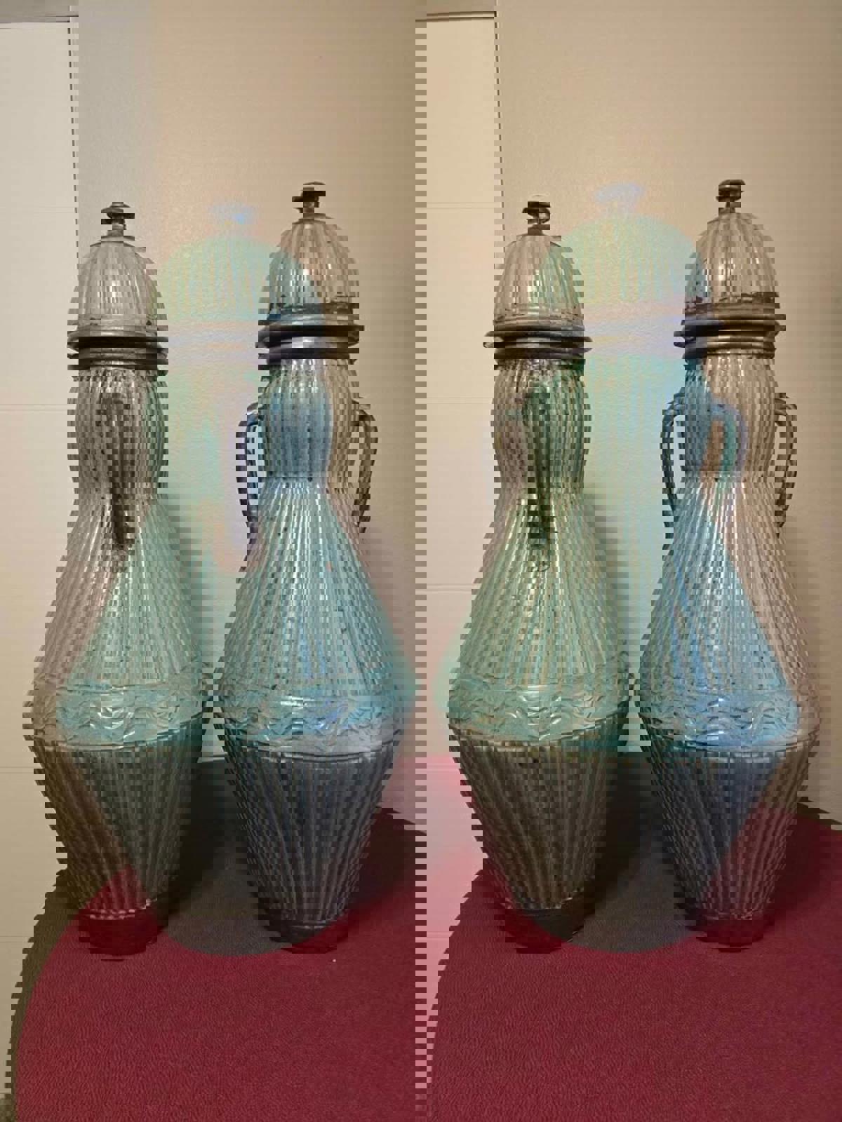 Vintage Pair of Monumental, Moroccan Floor Vases with Handles and Domed-Lids