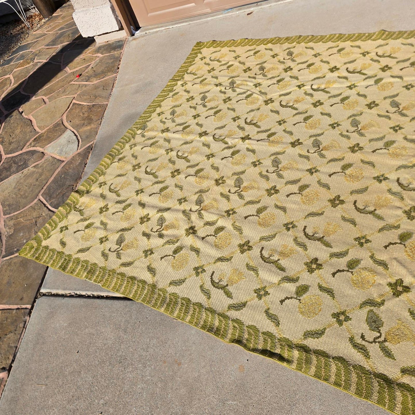 Vintage Hand-Knotted Wool Floral Needlepoint Rug -Green and Cream