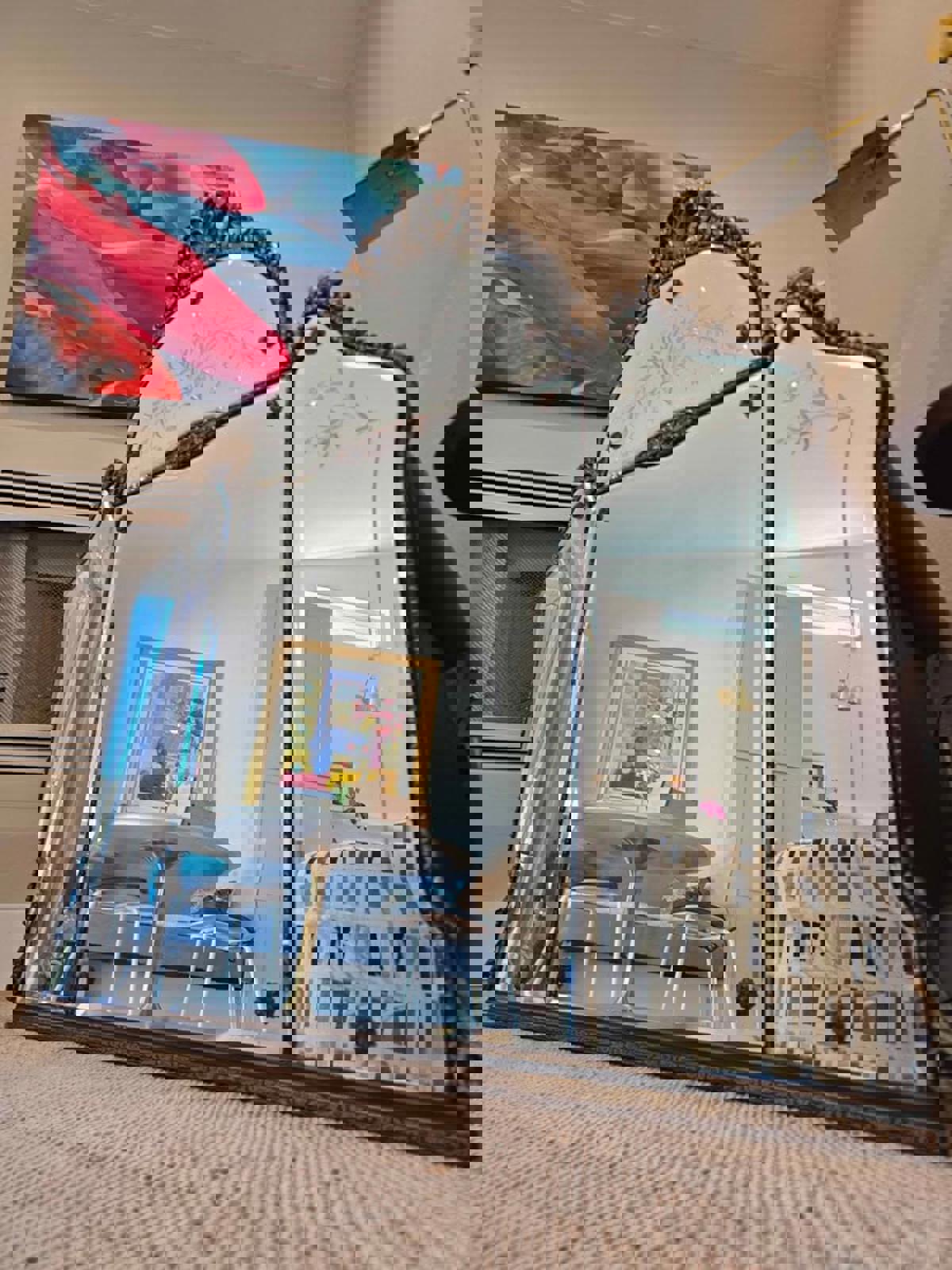 Antique Victorian Italian Etched Glass Triple-Panel Mantel/Sideboard Mirror