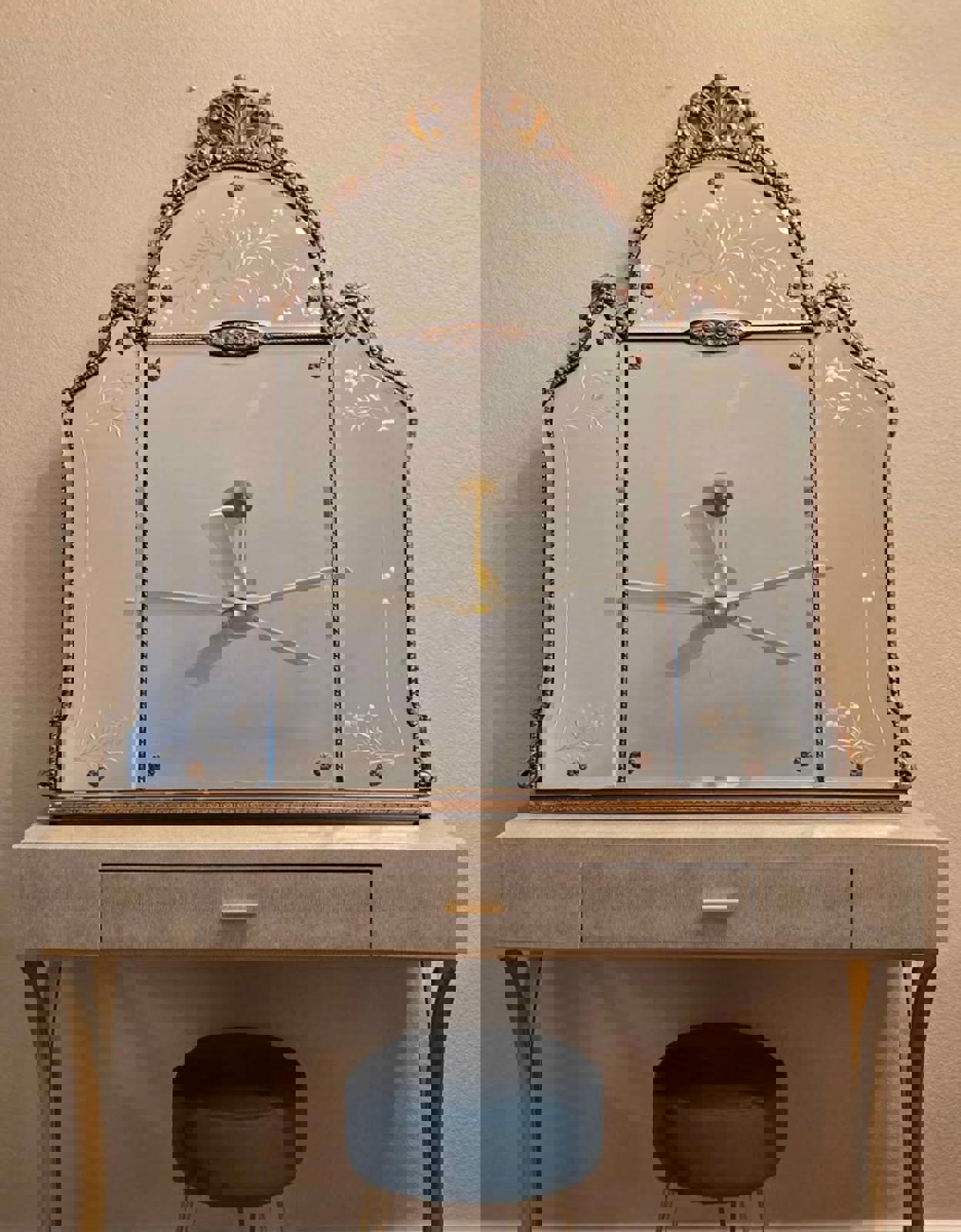 Antique Victorian Italian Etched Glass Triple-Panel Mantel/Sideboard Mirror