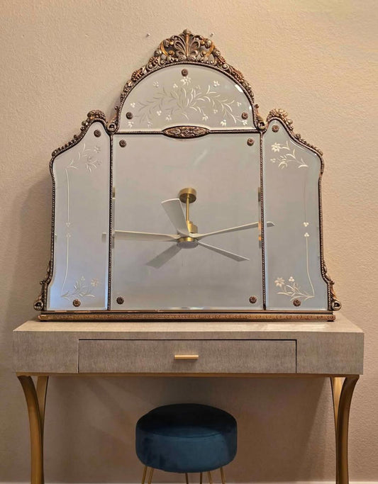 Antique Victorian Italian Etched Glass Triple-Panel Mantel/Sideboard Mirror