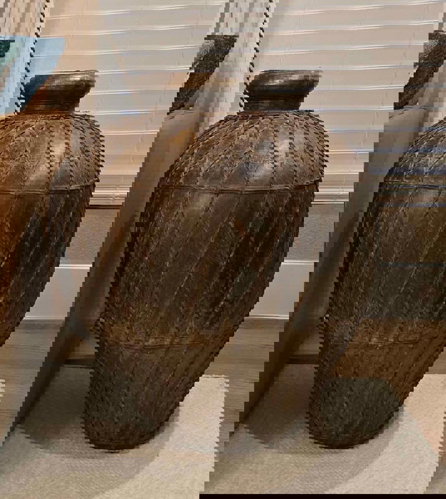 Vintage Large, Leather-Wrapped, Iron African Pot