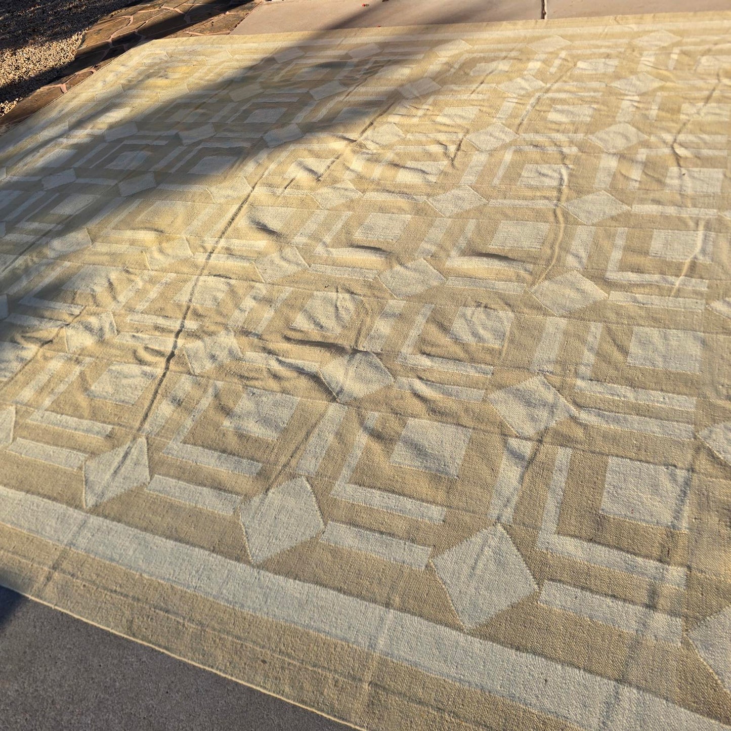 Large Indian Dhurri Geometric Rug -Cream and Tan