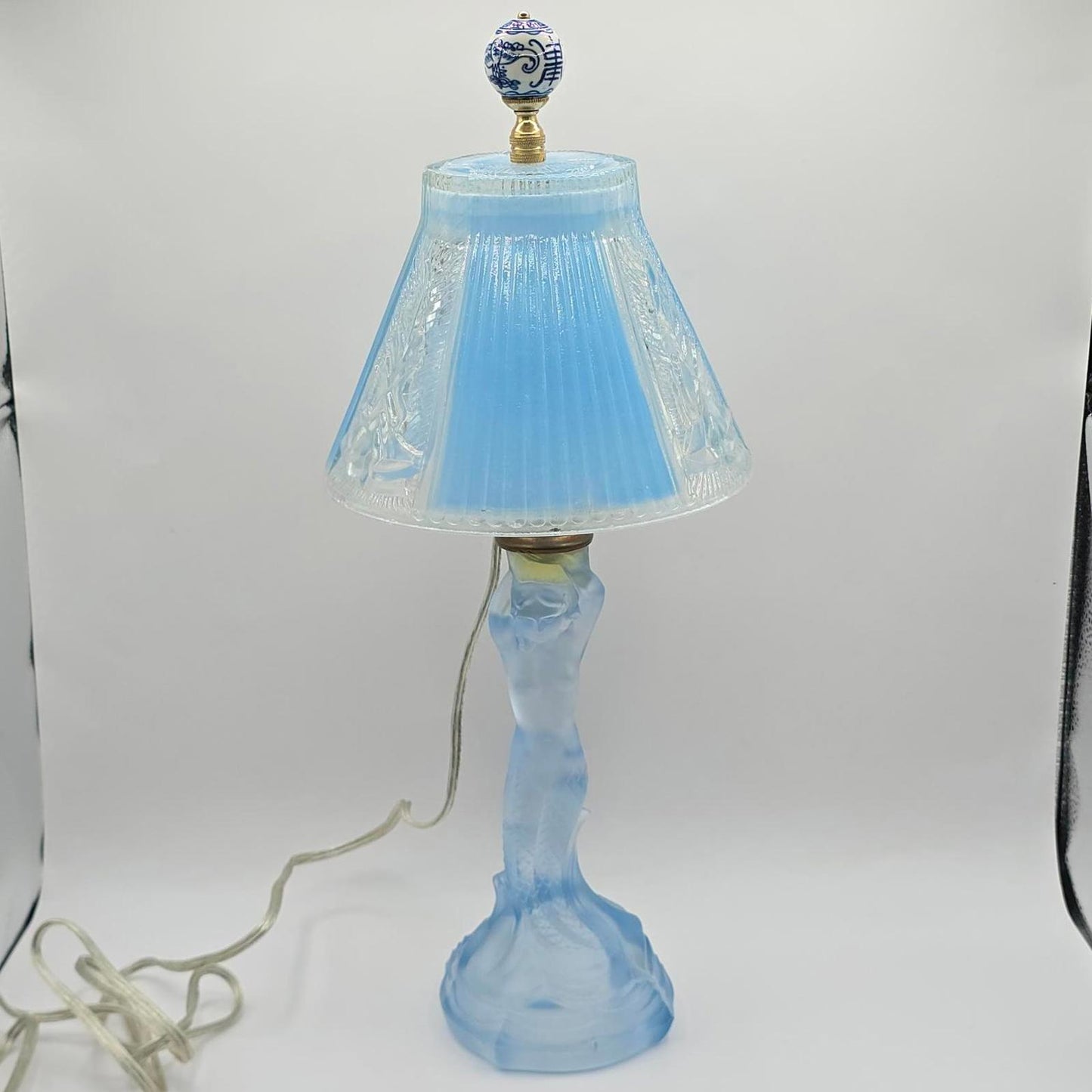 Vintage Walther & Sohne Art Deco Frosted Blue Mermaid Boudoir Lamp