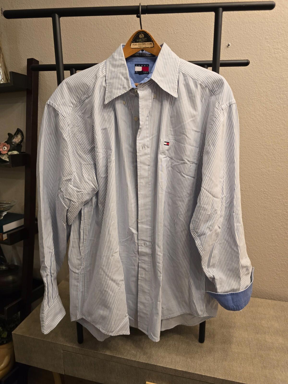 Tommy Hilfiger Men's Blue Striped Dress Shirt - Large