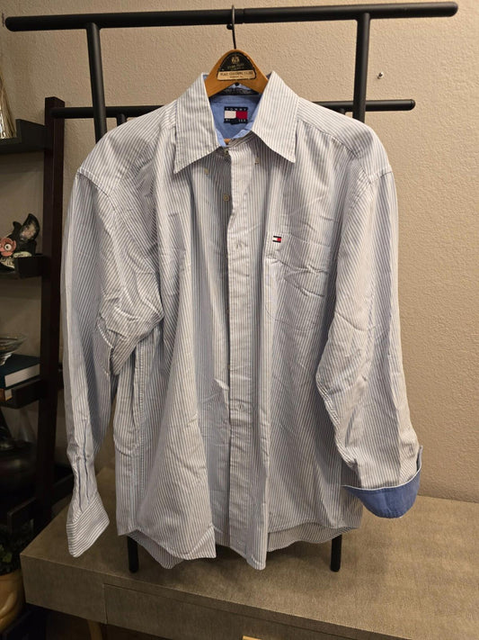 Tommy Hilfiger Men's Blue Striped Dress Shirt - Large