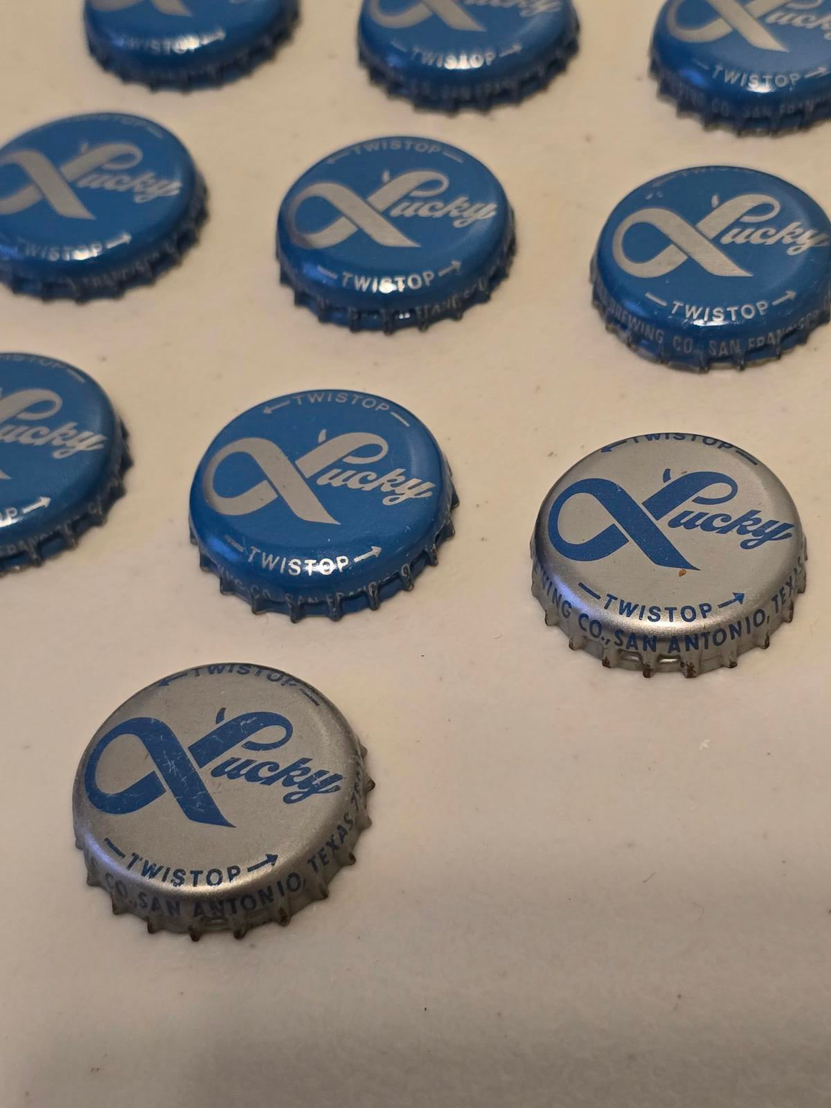 Set of 10 Lucky Lager Rebus/Puzzle Bottle Caps - Blue & Silver
