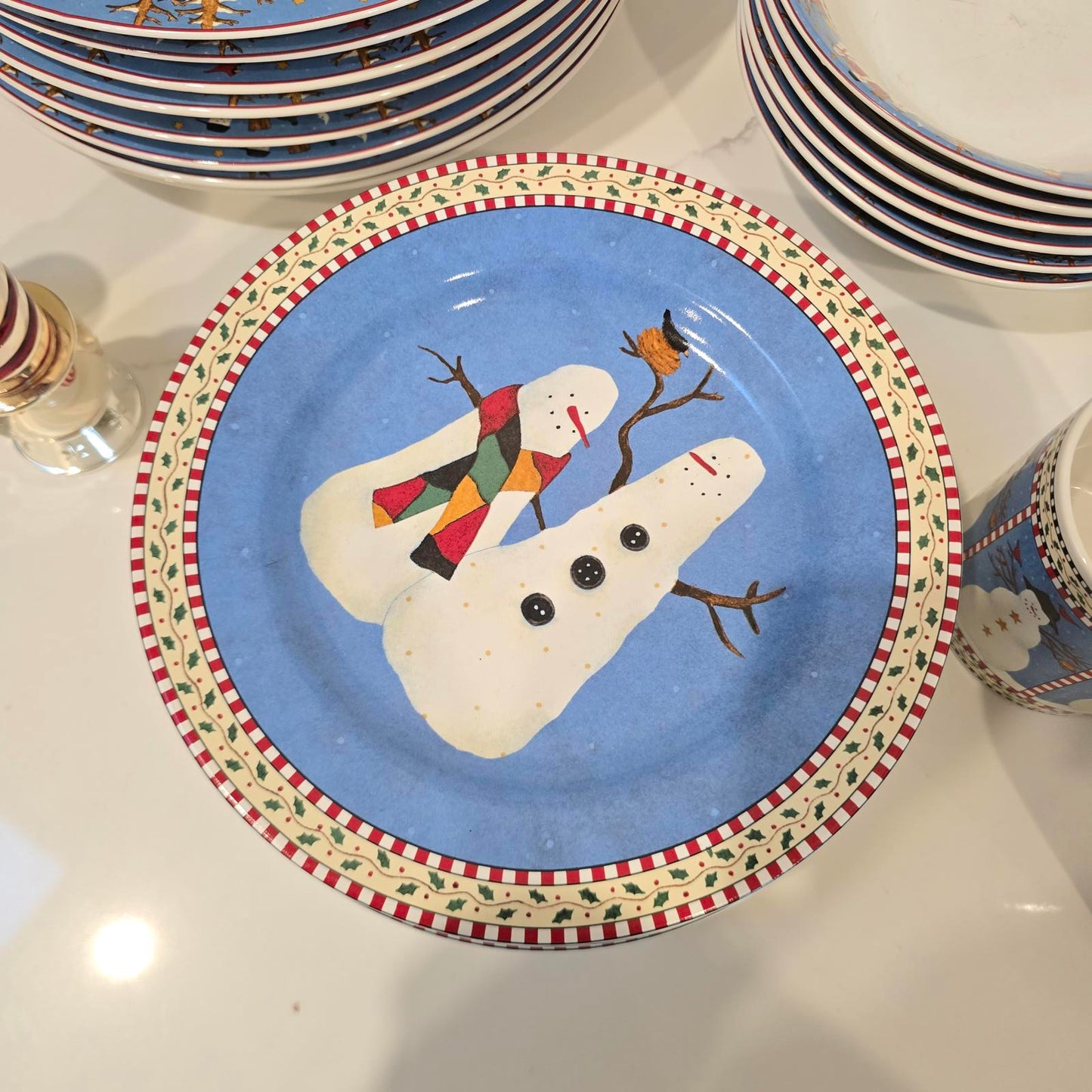 Debbie Mumm Snowman Dinnerware and Vintage Reed and Barton Snowman S & P Shakers