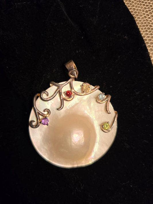 Large Mabe Pearl Pendant With Real Gemstones and Sterling Filigree