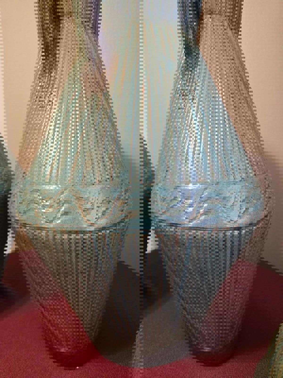 Vintage Pair of Monumental, Moroccan Floor Vases with Handles and Domed-Lids