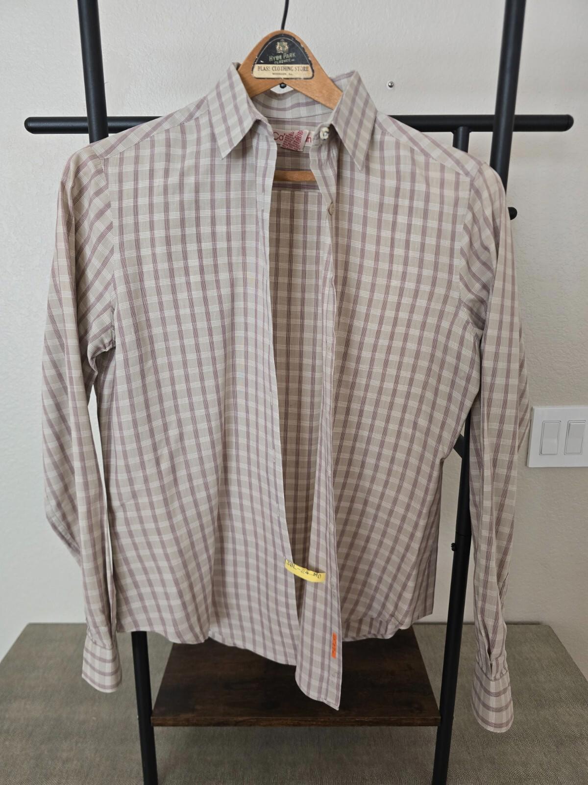 Vintage Calvin Klein Women's Gray Shirt with Burgundy Pinstripes - Small