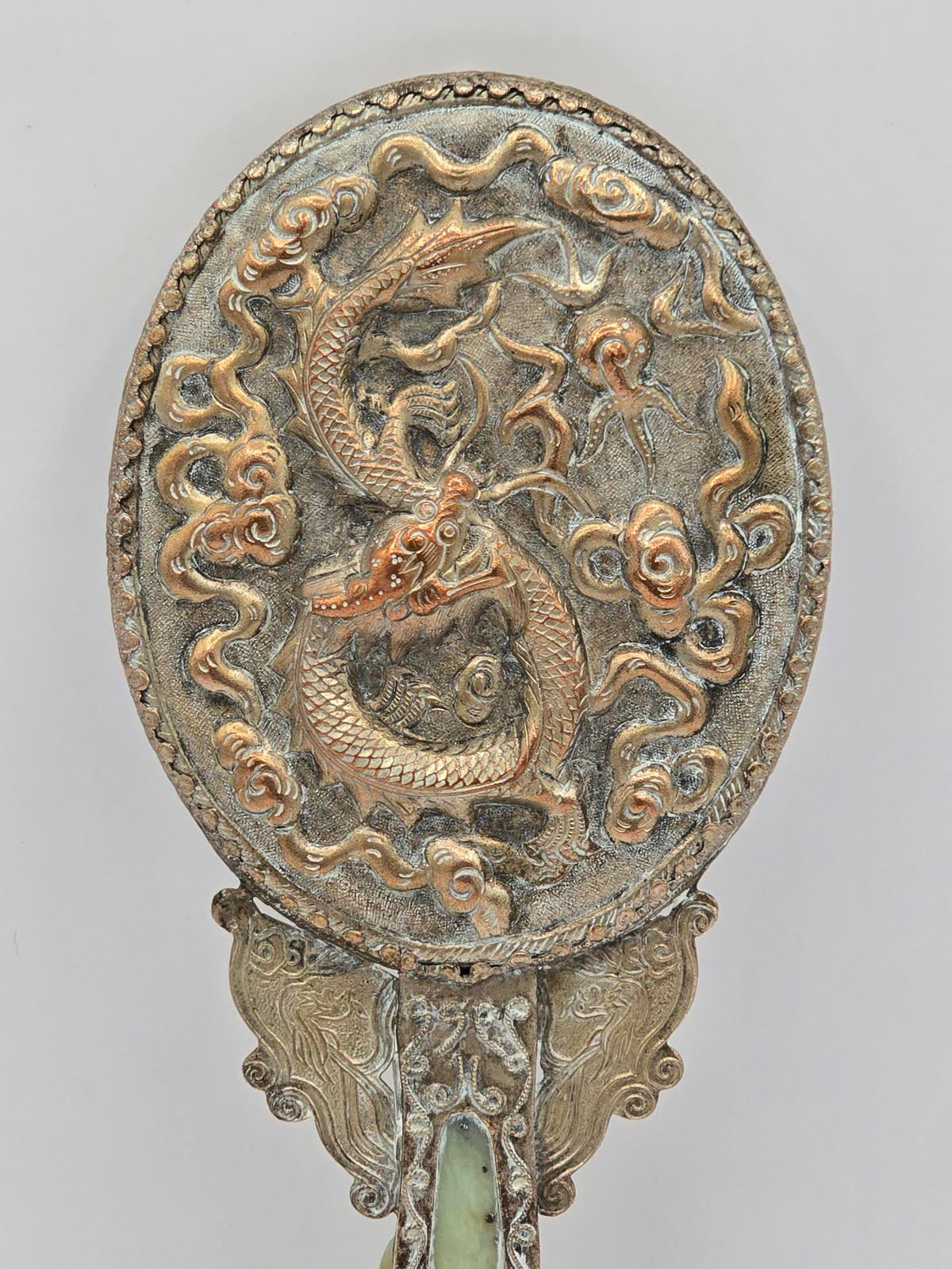 Antique Chinese Silver-plated Hand Mirror with Carved Jade Belt Hook Handle