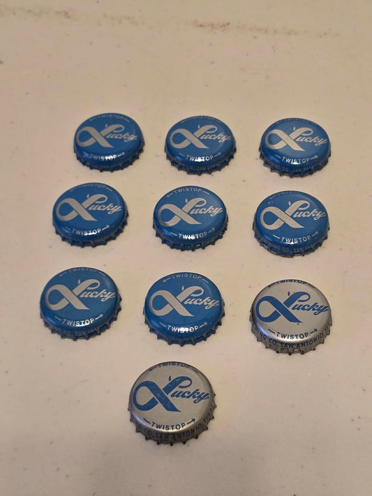Set of 10 Lucky Lager Rebus/Puzzle Bottle Caps - Blue & Silver