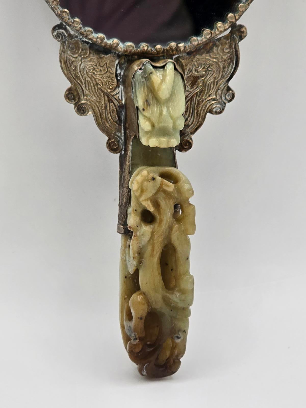 Antique Chinese Silver-plated Hand Mirror with Carved Jade Belt Hook Handle