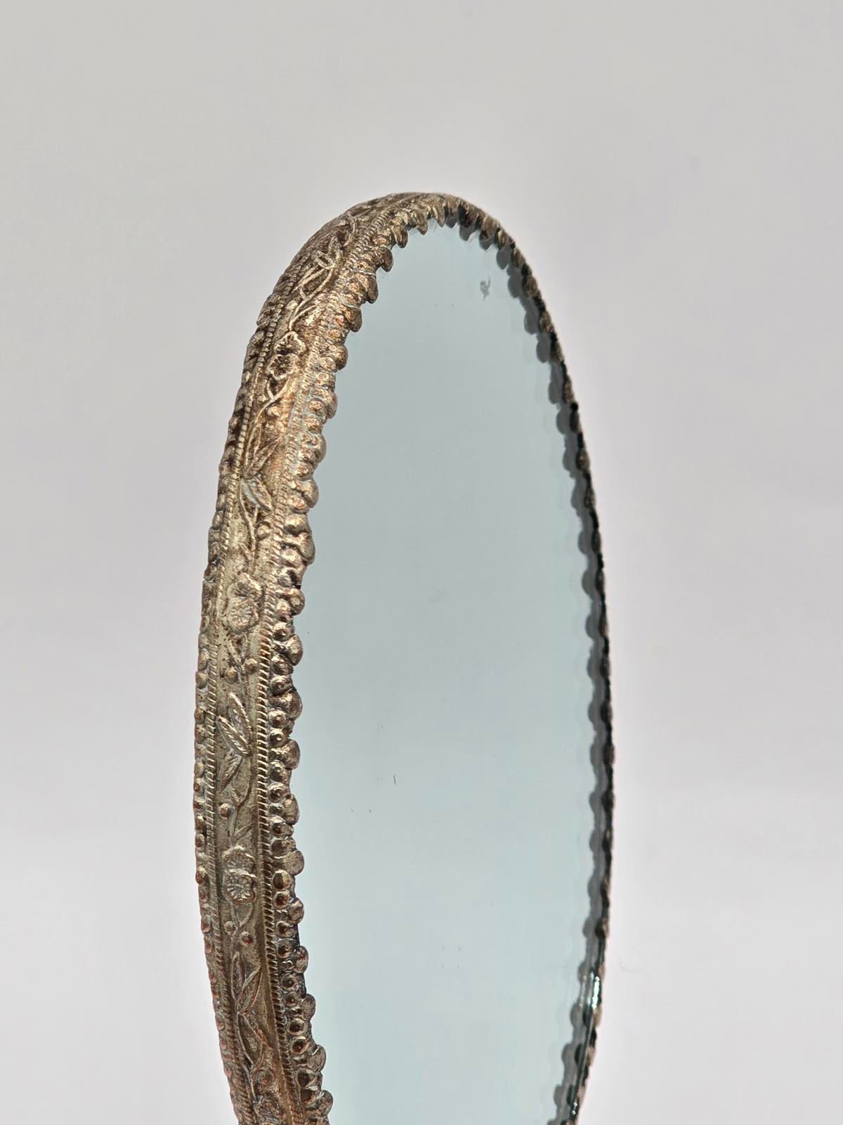 Antique Chinese Silver-plated Hand Mirror with Carved Jade Belt Hook Handle