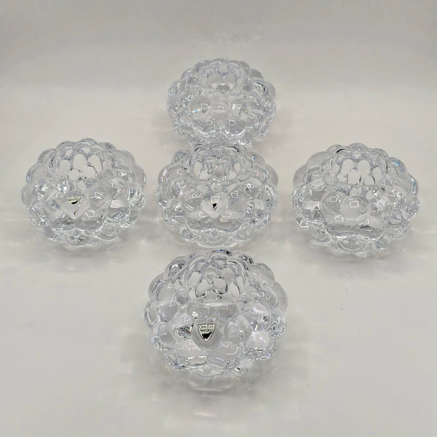 Orrefors Raspberry Glass Candleholders Set of 5