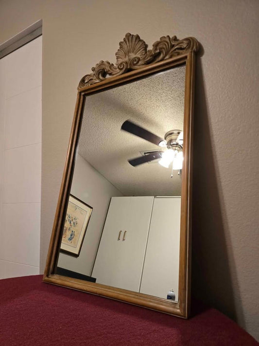 Vintage Italian Roccoco Style, Wood Mirror with Shell and "C" Scroll Motif