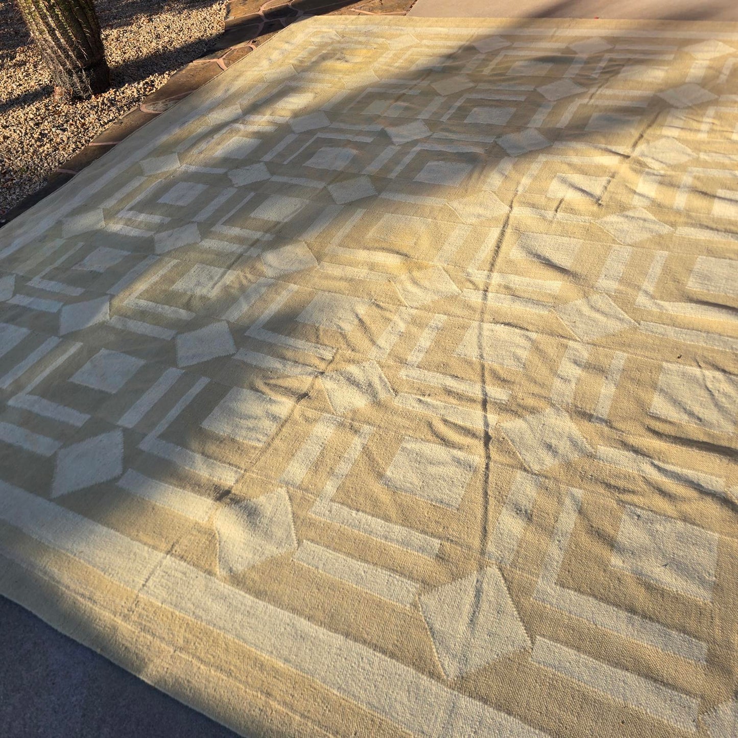 Large Indian Dhurri Geometric Rug -Cream and Tan